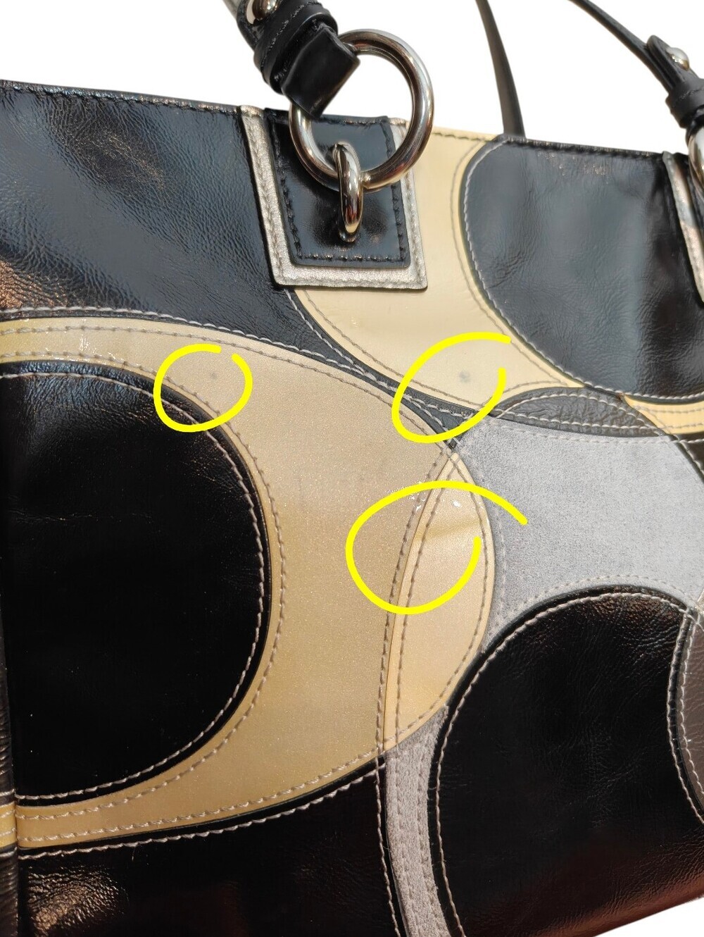 Coach Black Leather Shoulder Tote with Cream and Gray Circle Inlay - Picture 5 of 16